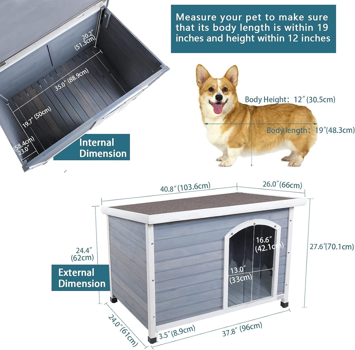 Outdoor Wooden Dog Kennel 103x66x70cm with Removable Floor & Insulated Roof