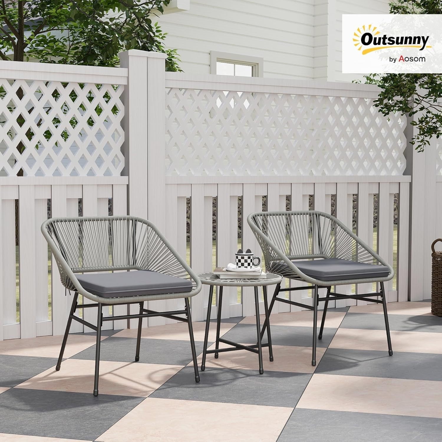 Light Grey Rattan Bistro Set 3PC Cushioned Chairs Round Table Balcony Patio