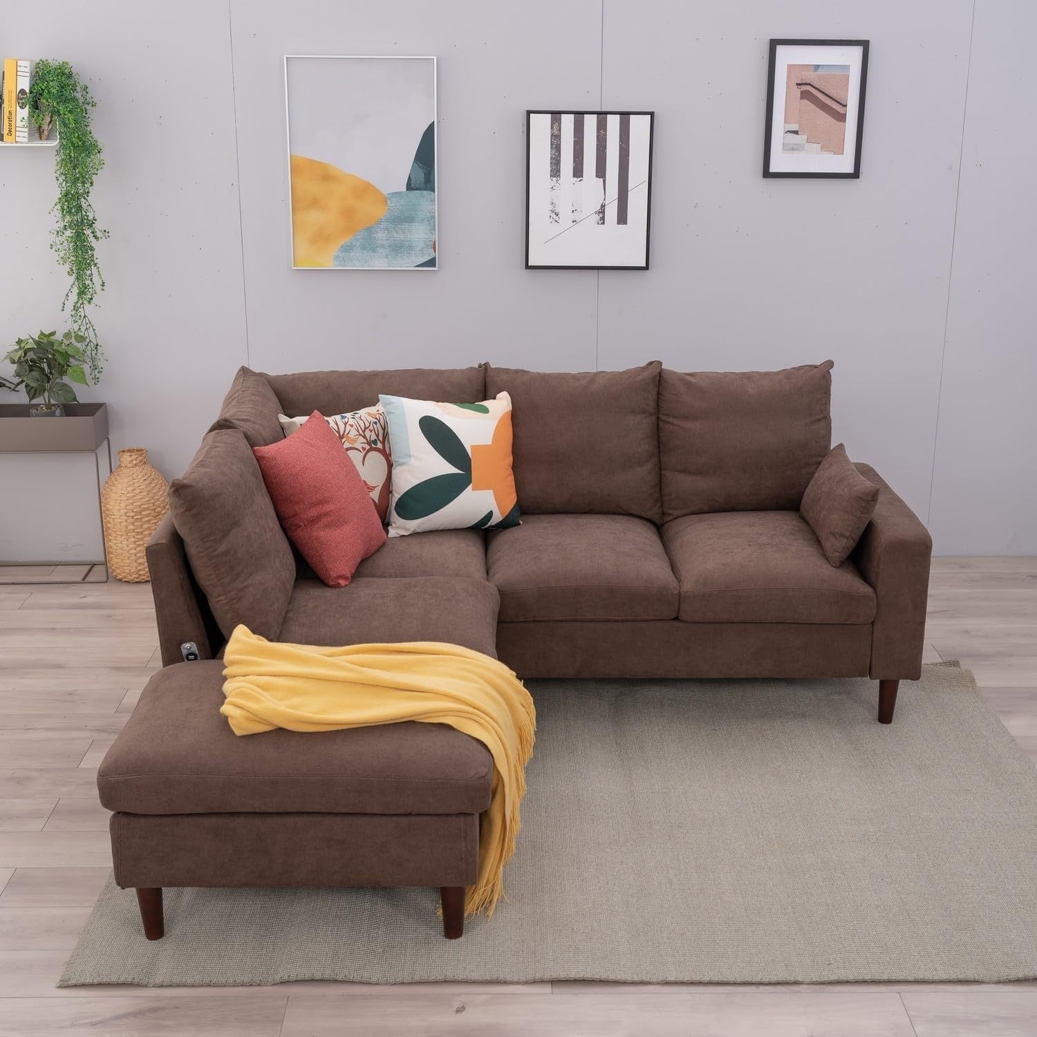 5 Seater L Shape Corner Sofa w/ Chaise & USB Charging | Brown Linen