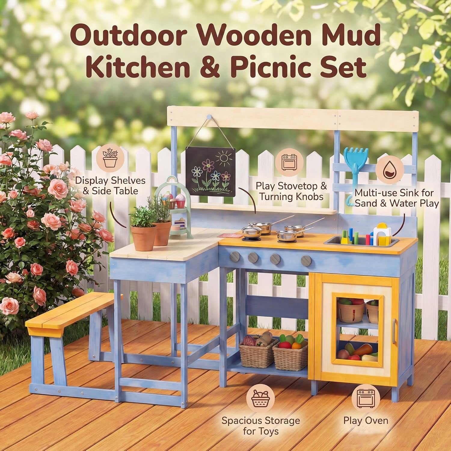 Kids Mud Kitchen Outdoor Wooden Play Kitchen Picnic Table Toy Set
