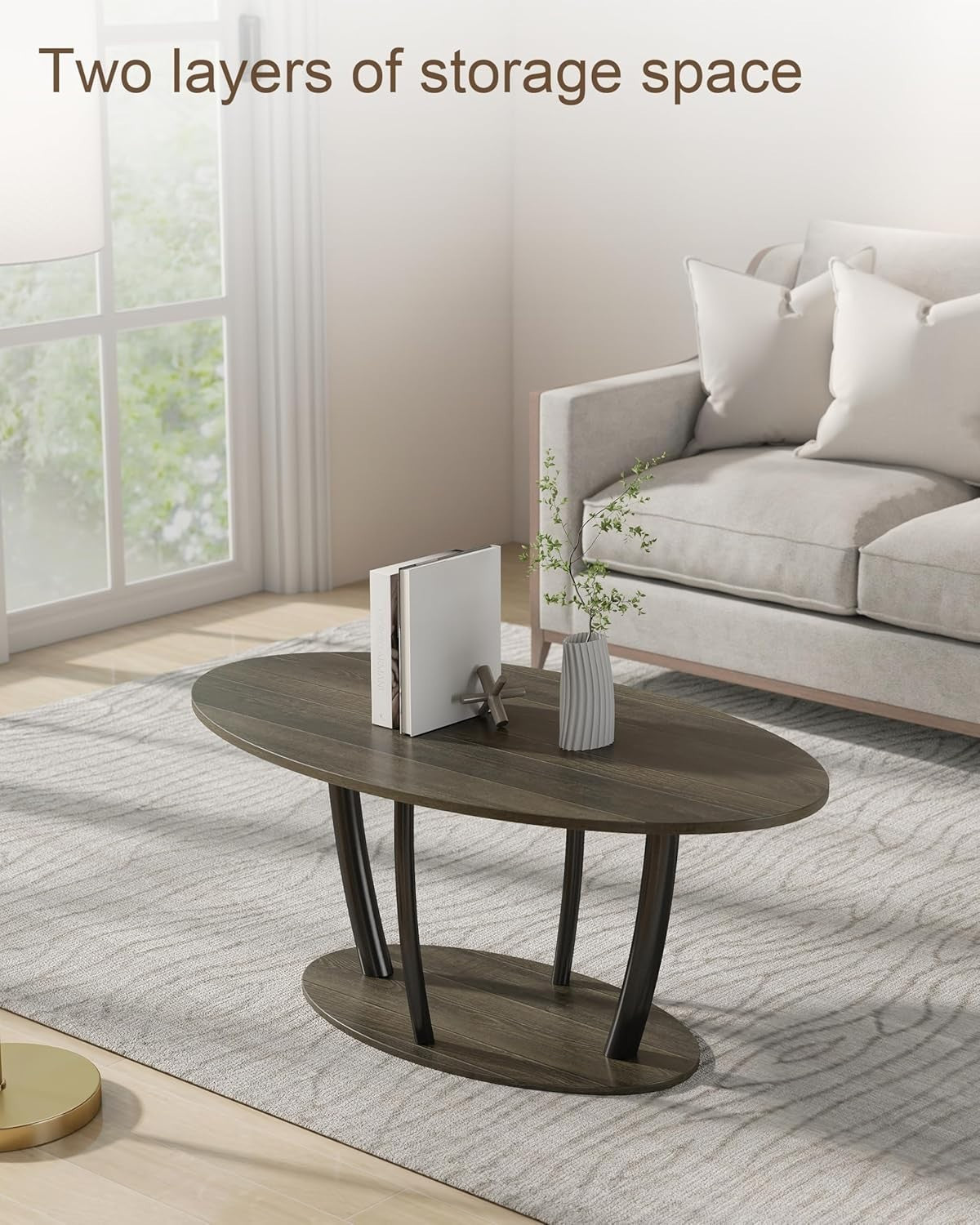 Oval 2-Tier Coffee Table with Storage Shelf, Modern Small Table 100x55cm