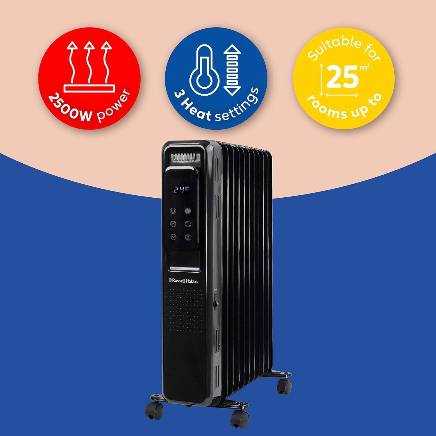 2500W Black Oil Filled Radiator 11 Fin Digital Remote Timer Heater