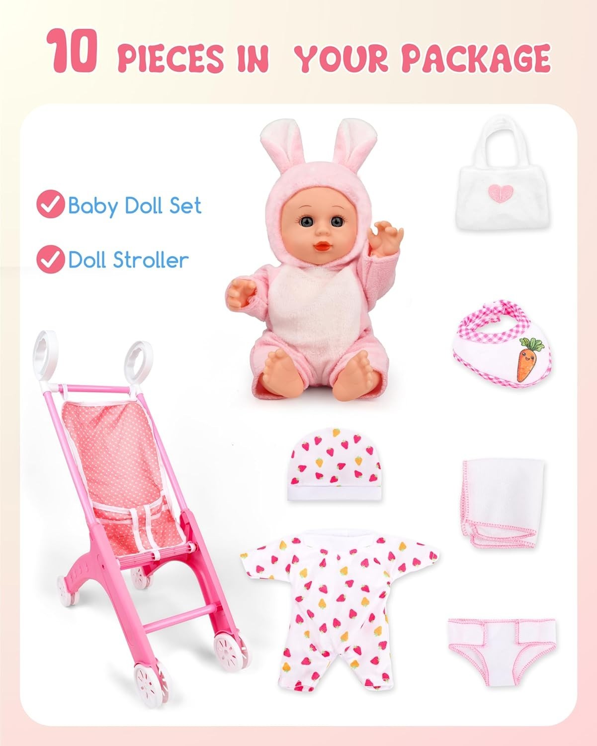 Baby Doll Pram Set Stroller 10pc Accessories Role Play Toy Girls