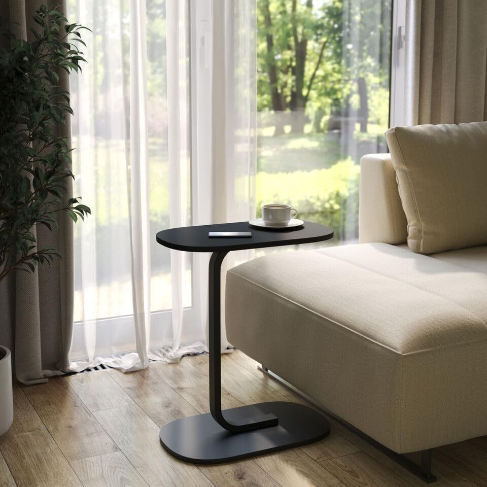 C-Shaped End Table, Wood & Metal Side Table for Sofa