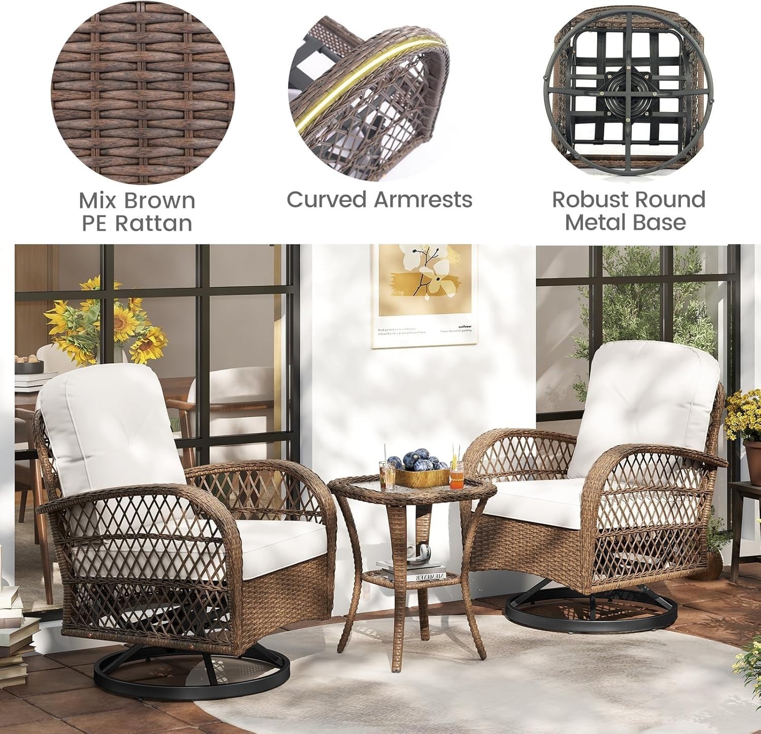 360° Swivel Rattan Bistro Chairs Set Plush Cushions Side Table Garden