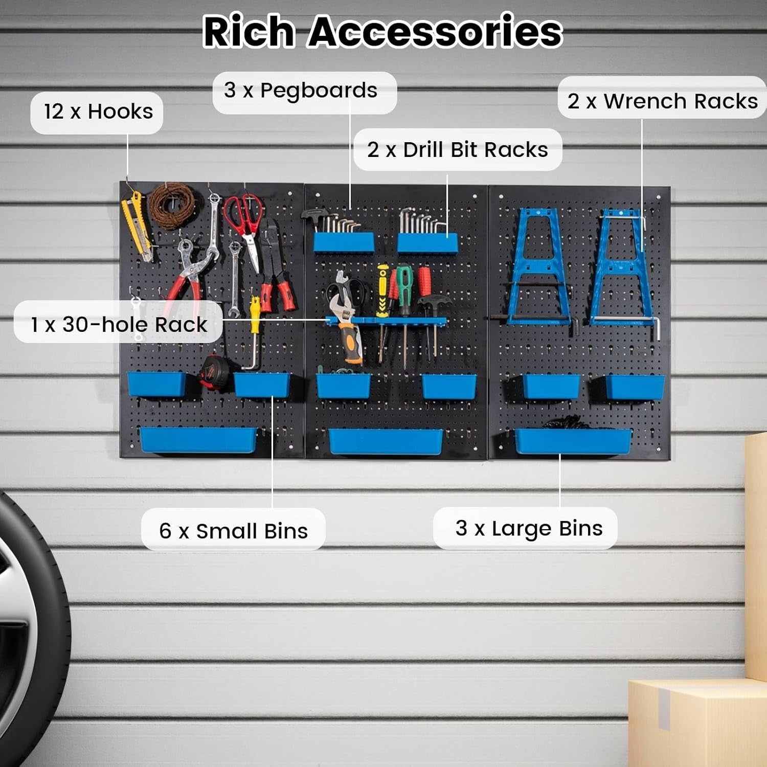 Black+Blue Pegboard Tool Organizer 3 Boards 26 Accessories Wall Rack