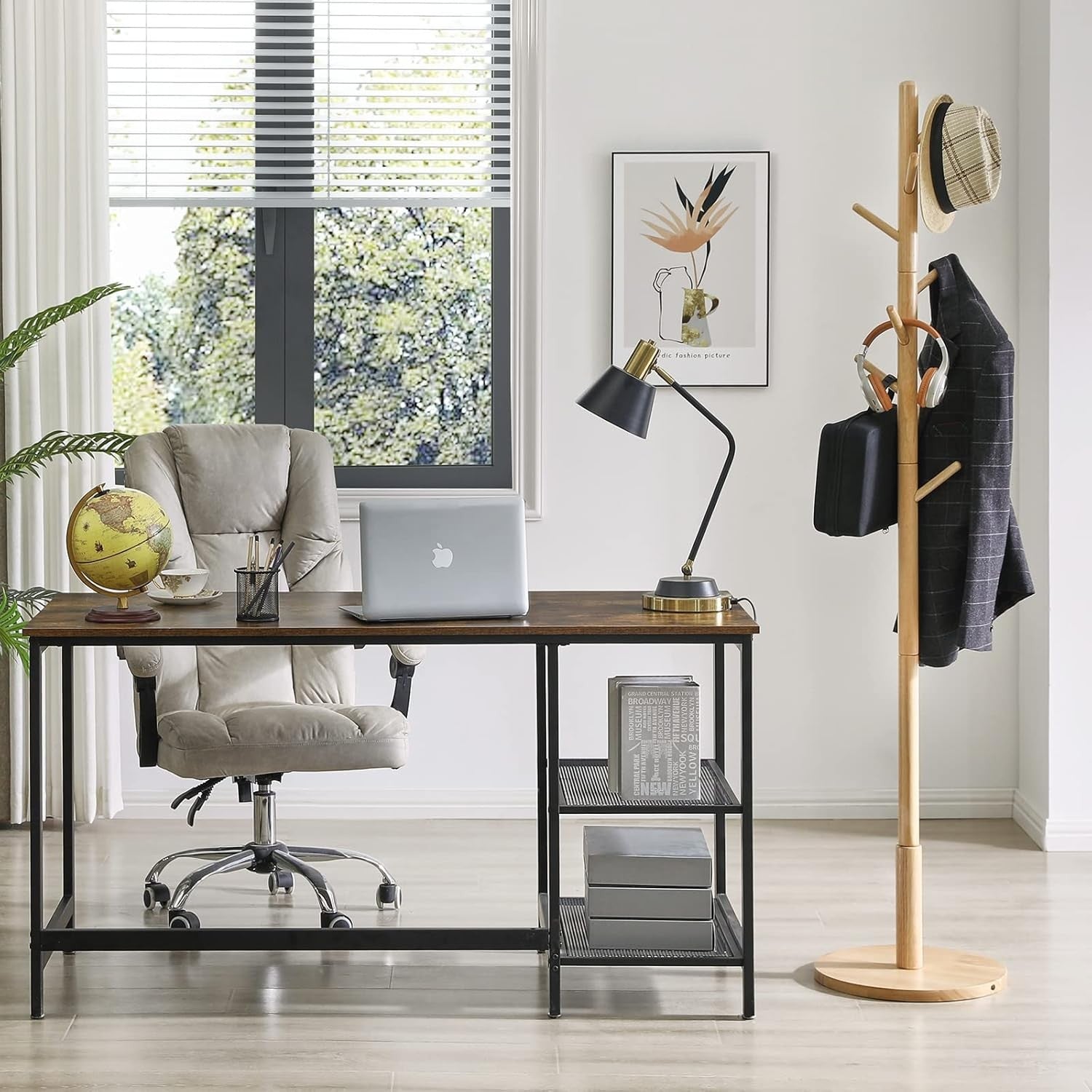 Natural Wooden Coat Rack Stand | 8 Hooks Round Base Hall Tree for Coats Hats