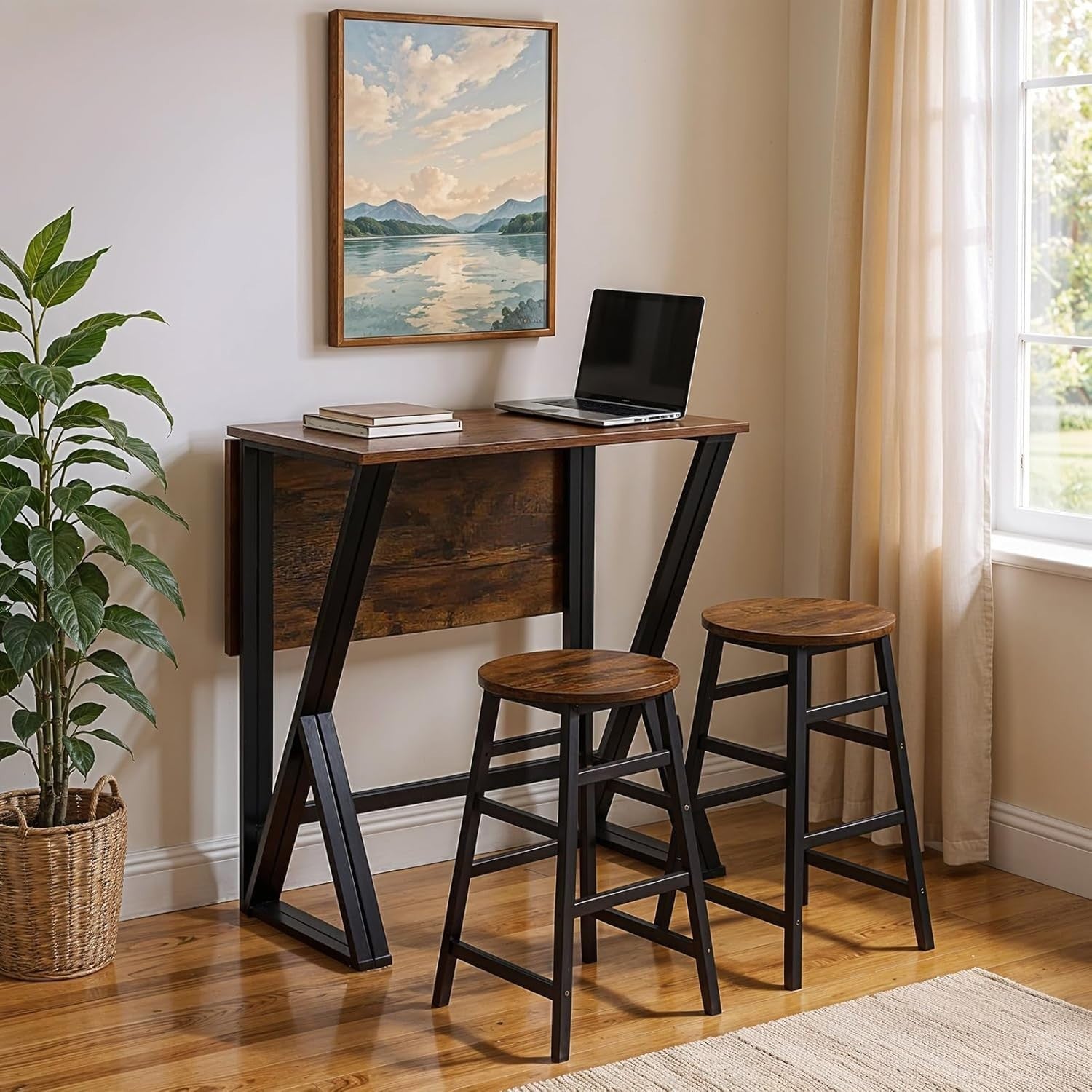 5-Piece Folding Breakfast Bar Table & 4 Stools Set – Vintage Brown Compact