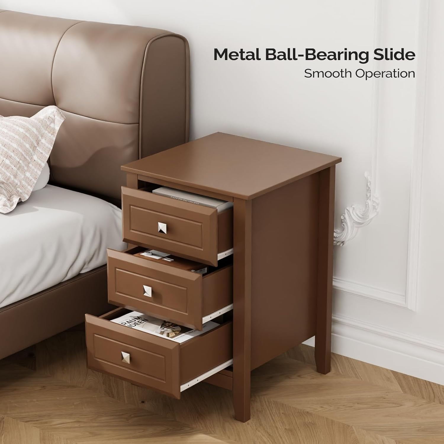 Modern Brown Bedside Table with 3 Drawers – Wooden Nightstand Cabinet