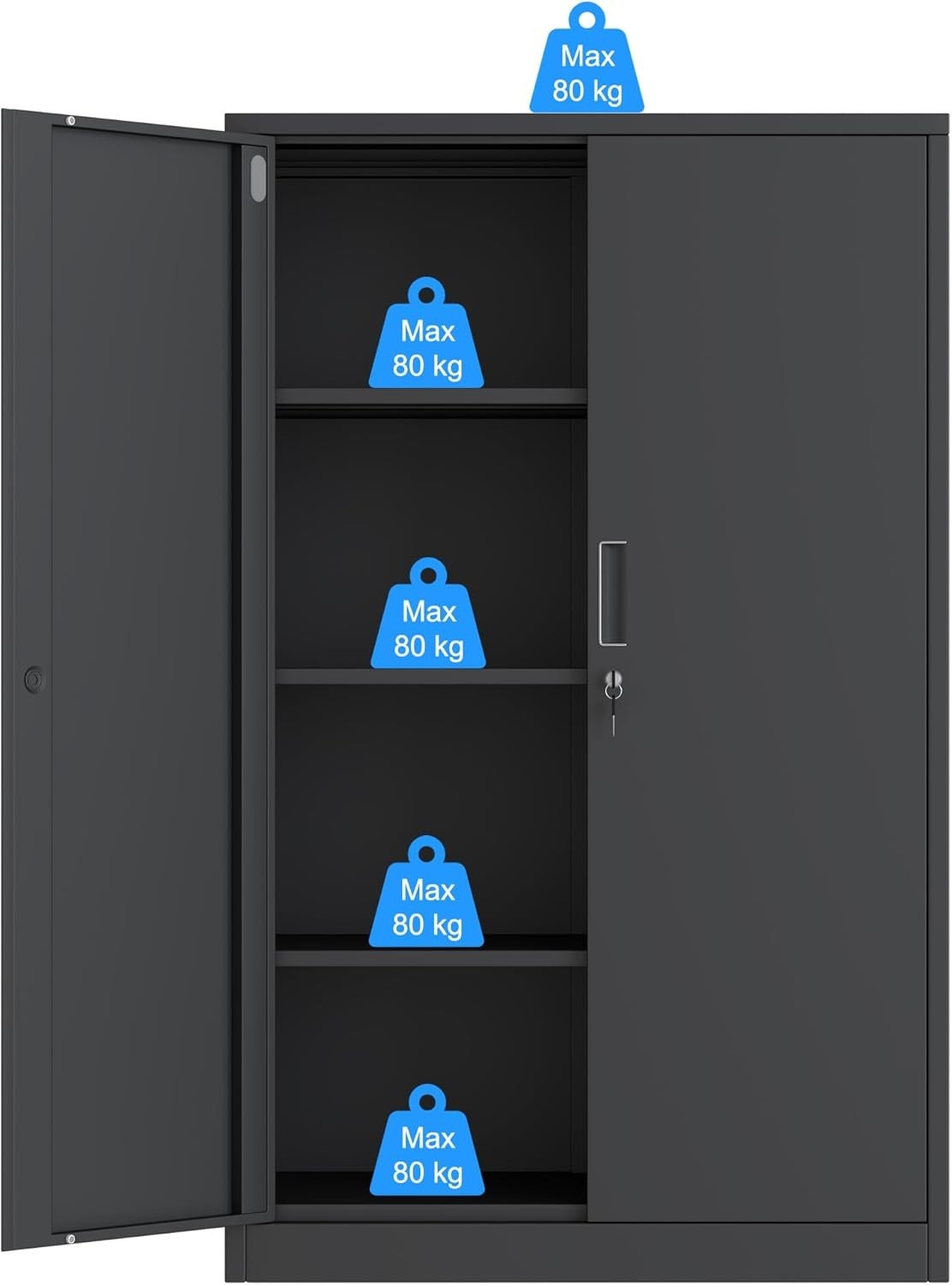 Black Metal Storage Cabinet Lockable 3 Shelf Office Garage Cupboard
