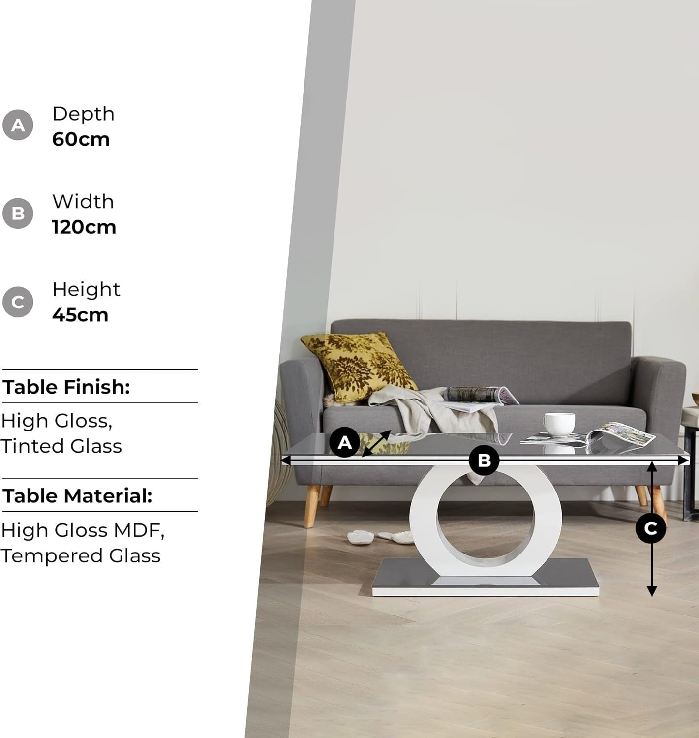 Modern Glossy Black & White Glass Coffee Table with Tempered Glass 120x60cm
