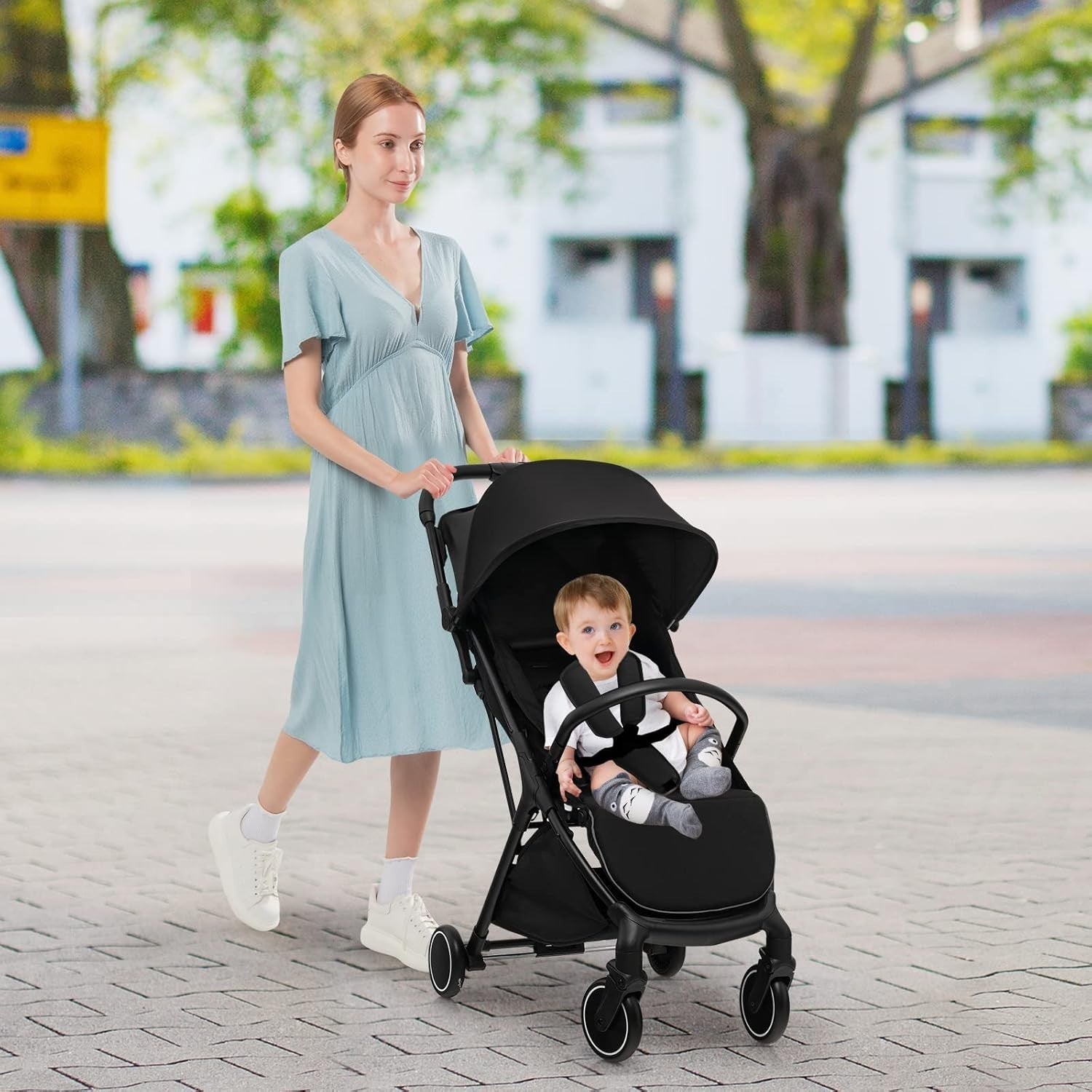 Black Baby Stroller One Hand Fold Lightweight Travel Buggy 5 Point