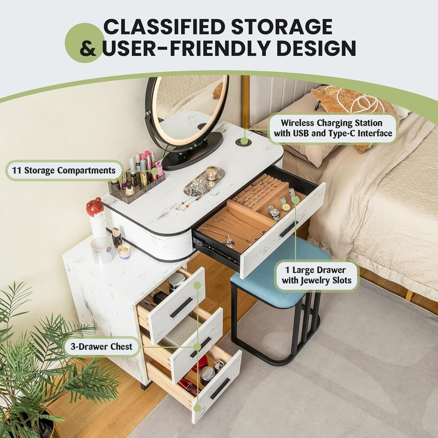 Vanity Makeup Dressing Table Set with Lighted Mirror Stool 3-Drawer Charger