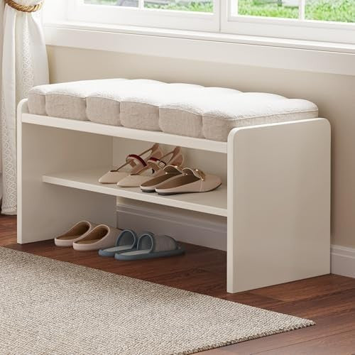 Cream White 2-Tier Shoe Storage Bench with Cushion Seat – 87cm Modern Entryway