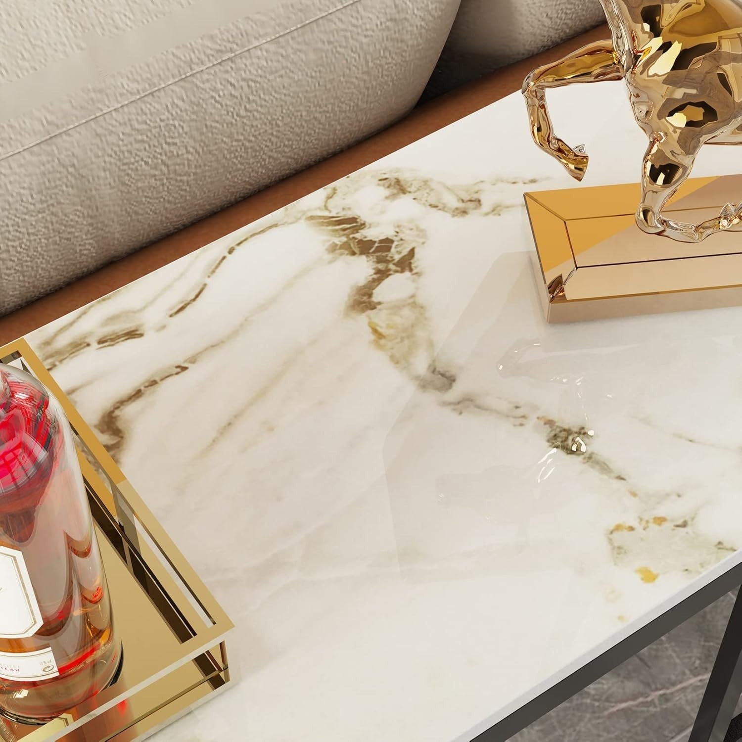 Slim Marble Console Table White Gold 100cm Entryway Desk Metal Legs Modern