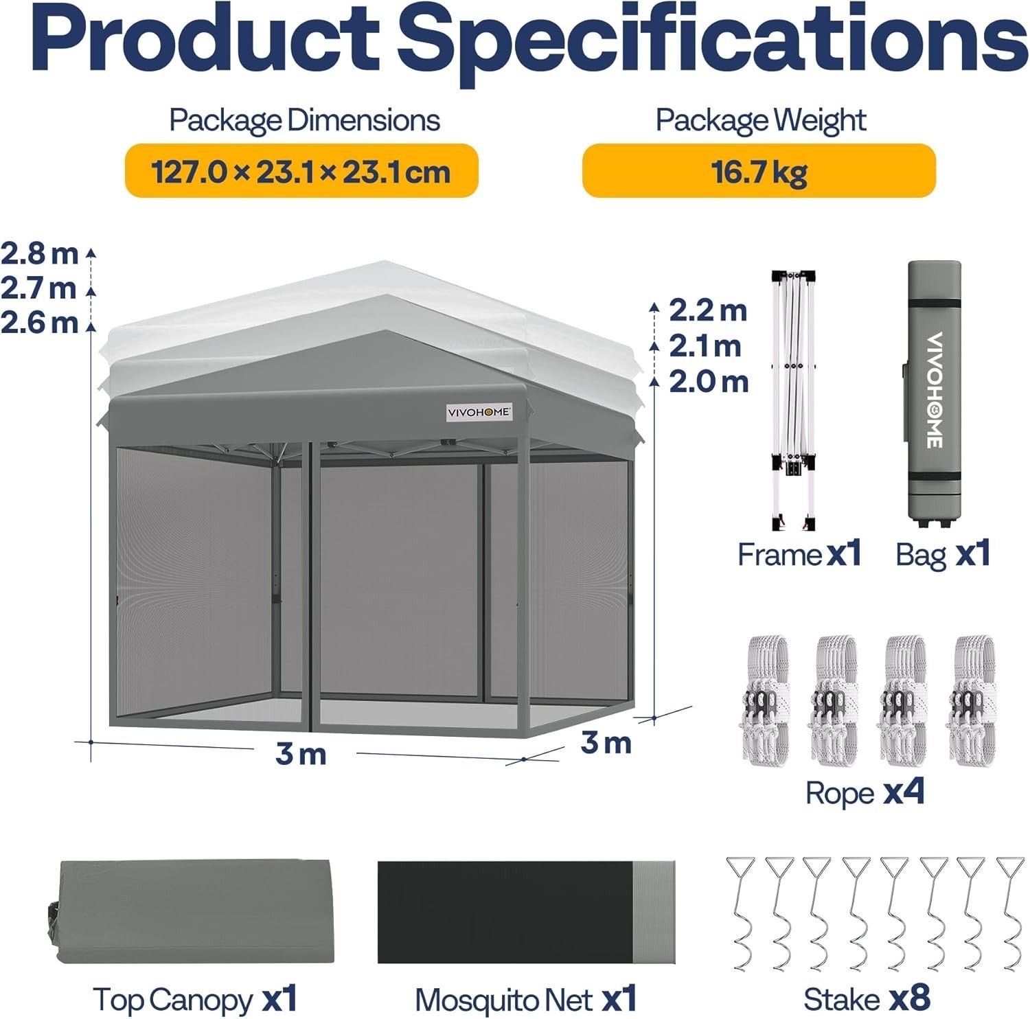 3x3M Grey Pop Up Gazebo With Mosquito Net Waterproof Outdoor Tent