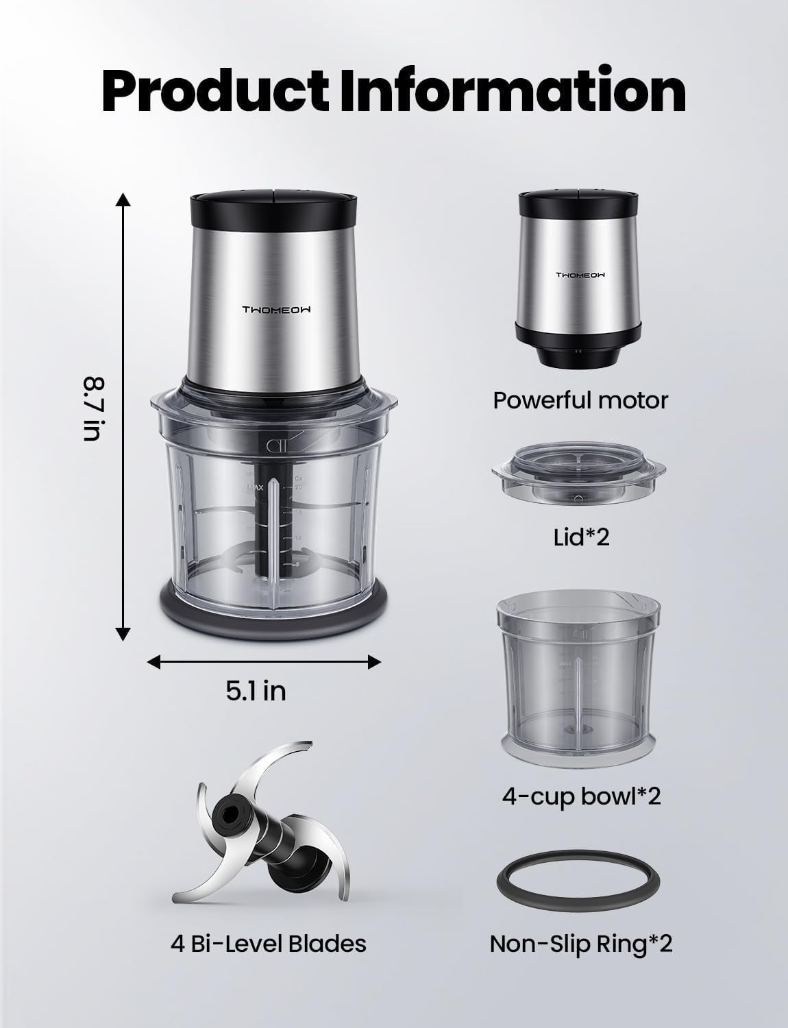 Mini Electric Food Chopper 2 Bowl 300W 2-Speed Meat Veg Onion Blender