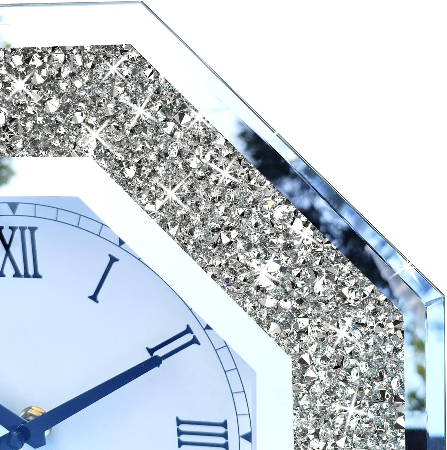 Large Octagon Mirror Wall Clock Diamond Frame Silent Non-Ticking 20 Inch