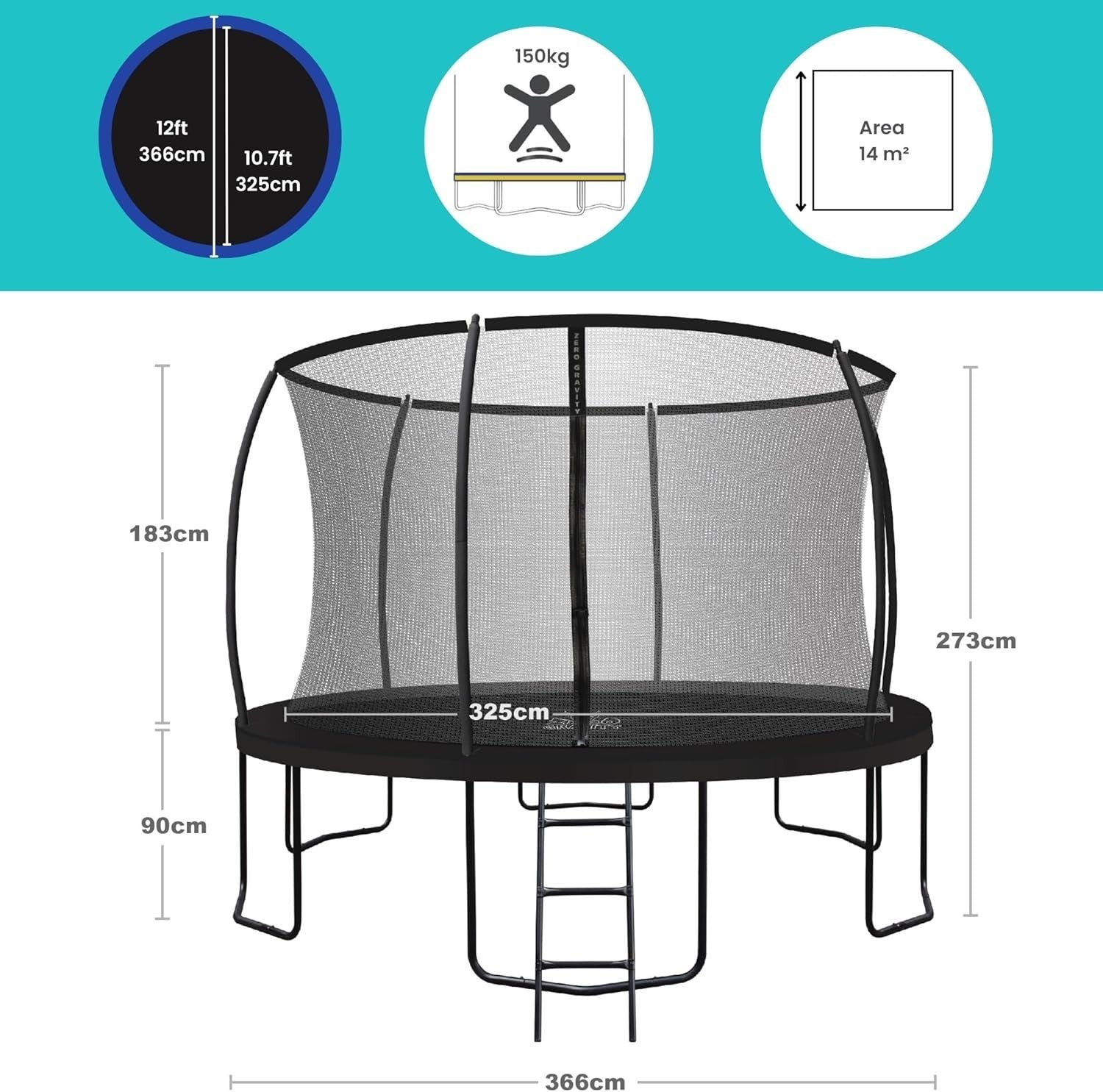 12FT Garden Trampoline Safety Enclosure Ladder PVC Padding Heavy Duty