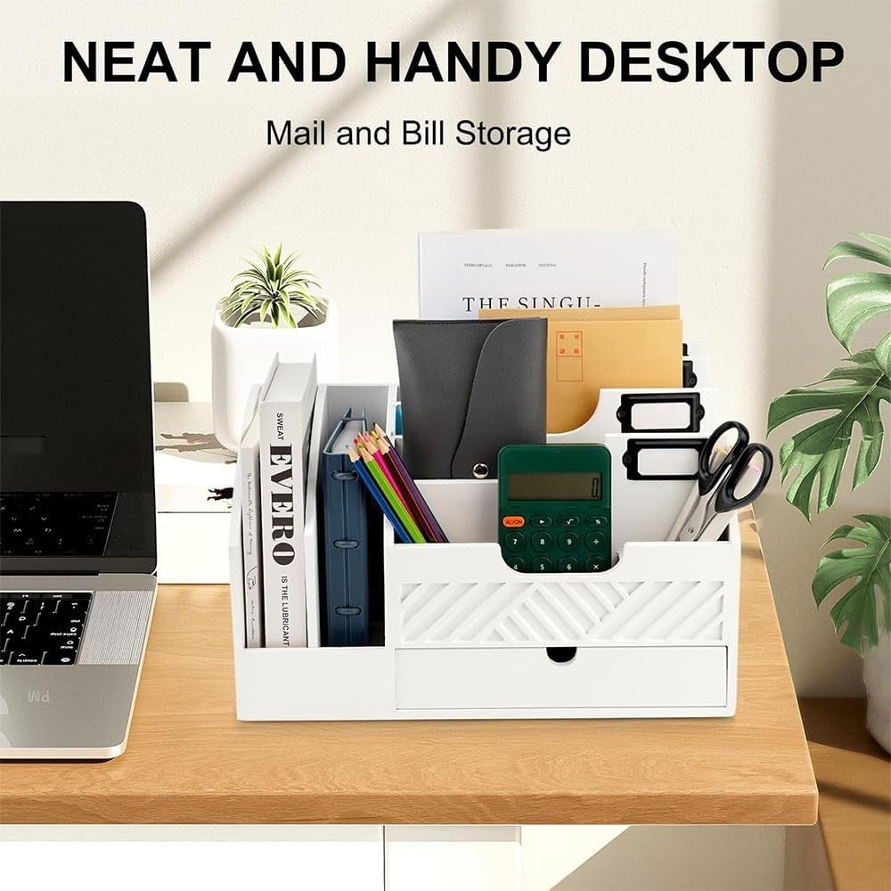 Wooden Desk Organizer Mail Sorter with Drawer & Storage for Office Home