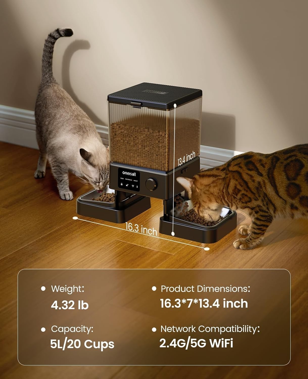 Automatic Cat Feeder 2 Cats WiFi App Control 5L Dual Bowl Food Dispenser