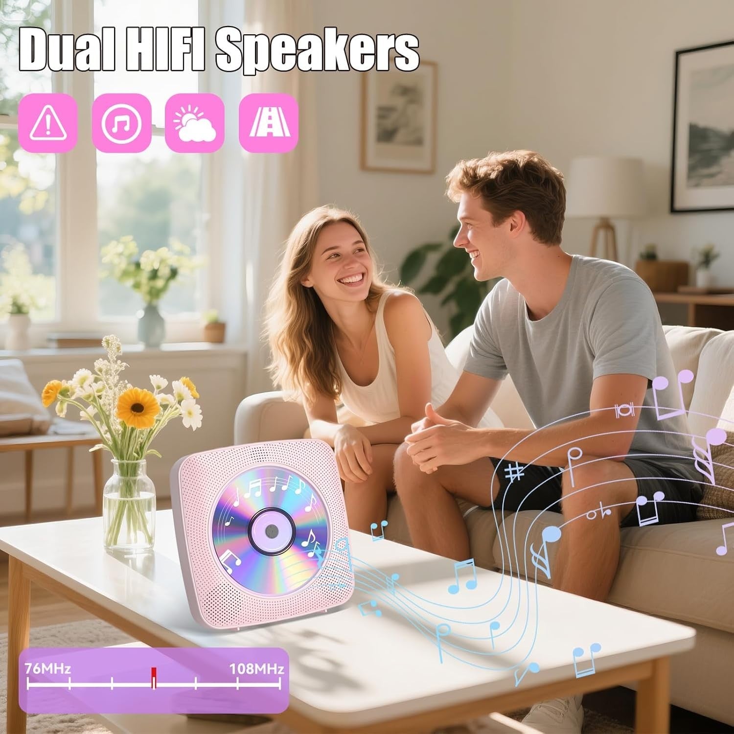 Desktop CD Player Bluetooth Speakers FM Radio USB AUX Remote Pink