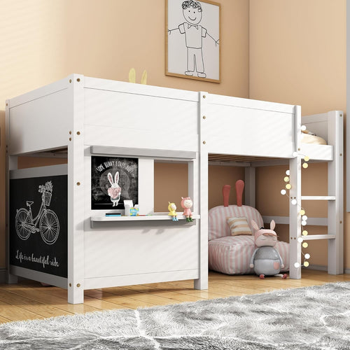Space-Saving Kids Bunk Bed with Ladder, Blackboard & Shelf, White Pine Wood