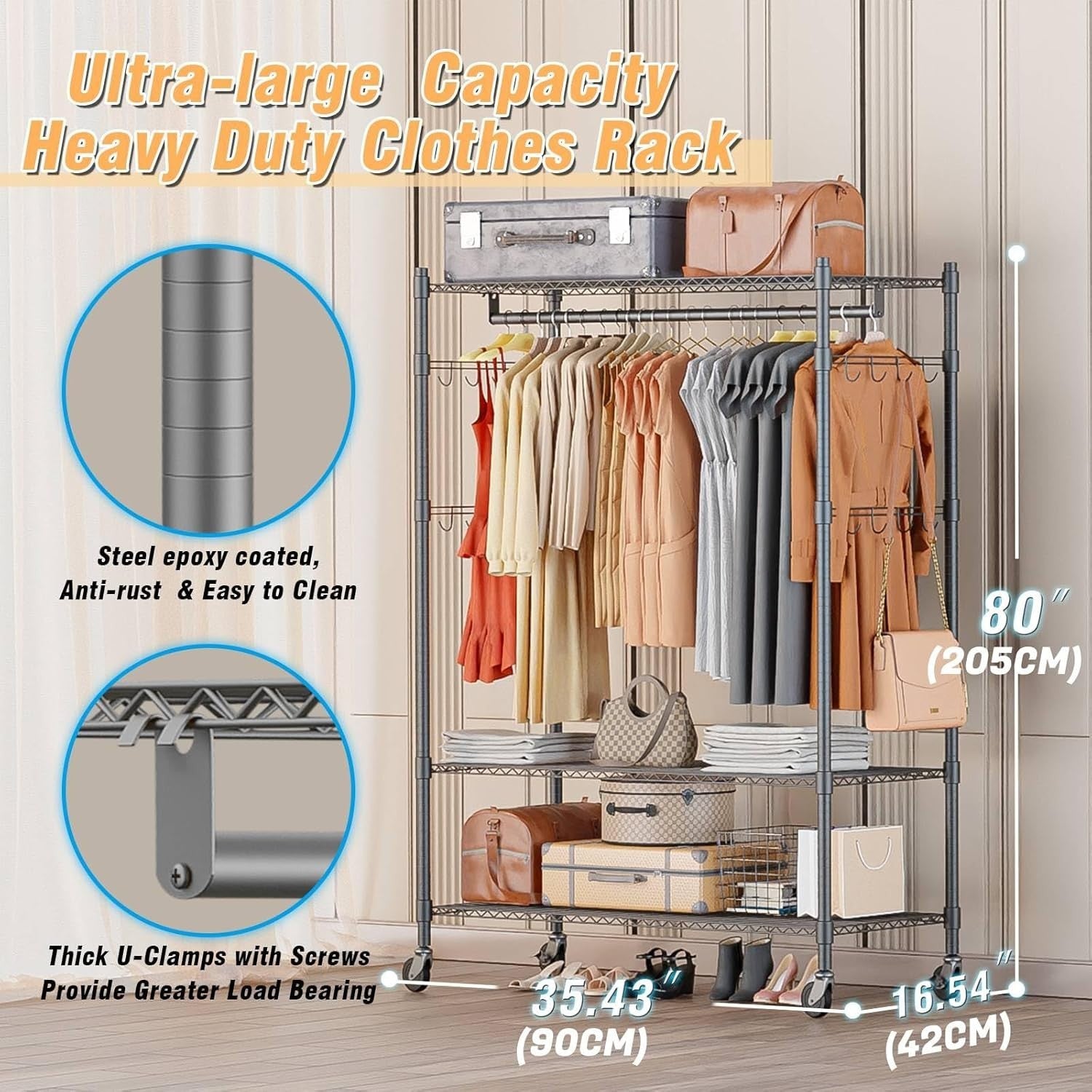Heavy Duty Double Rod Clothes Rail 3-Tier with Wheels – Grey 205cm