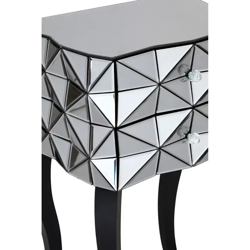 Modern 3D Glass Bedside Table with 2 Drawers – Silver Mirrored Unit