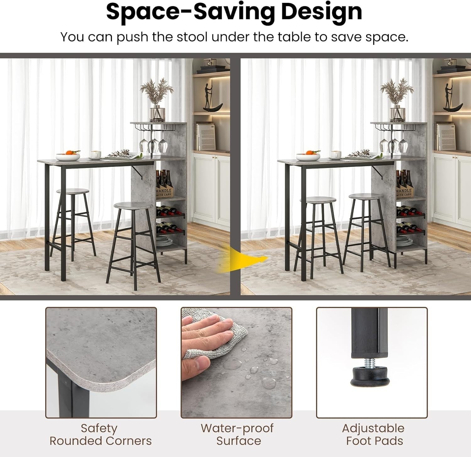 3-Piece Bar Table Set Wine Rack, Glass Holders & Open Shelves, Brown Industrial