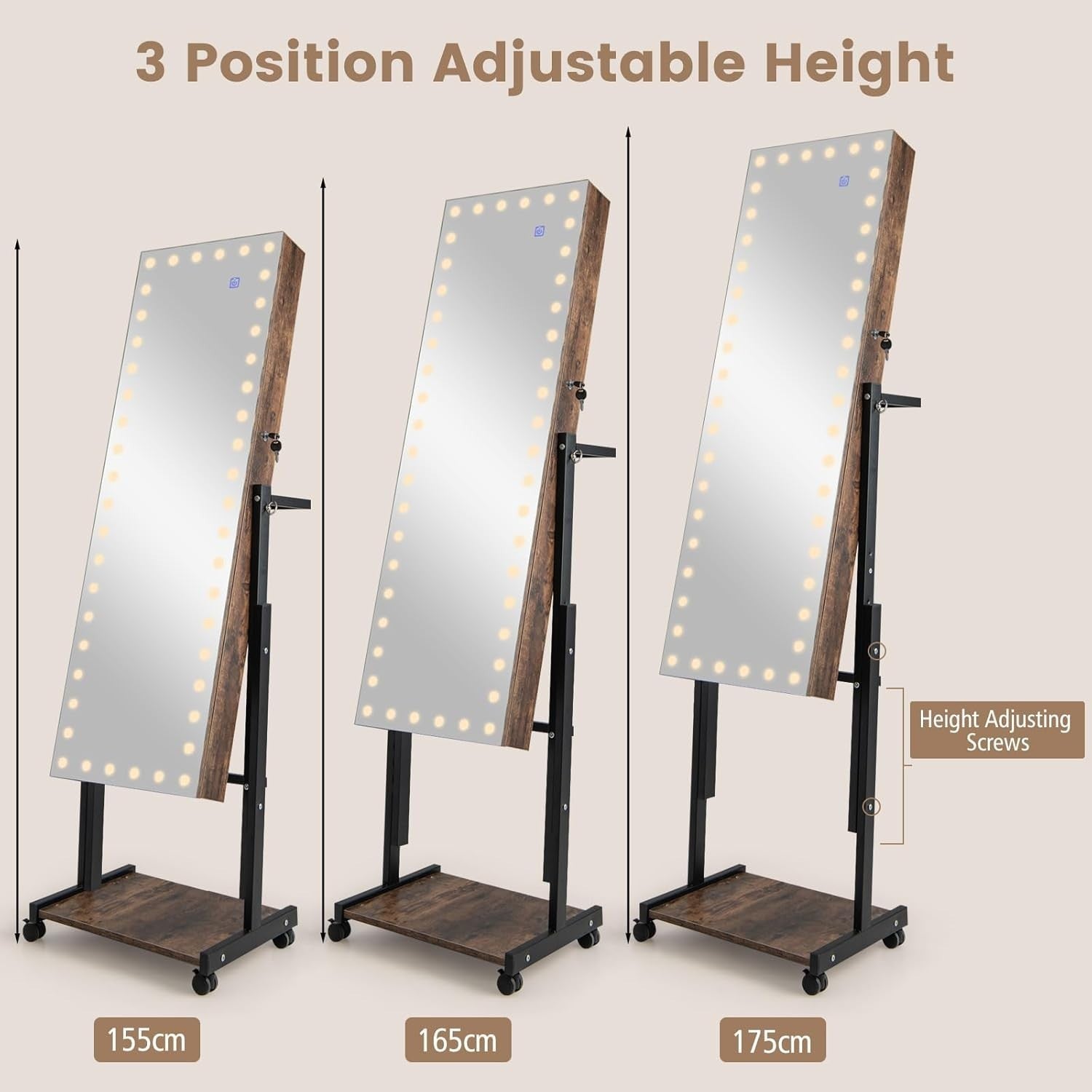 Rustic Brown LED Jewellery Cabinet Lockable Full Length Mirror Mobile