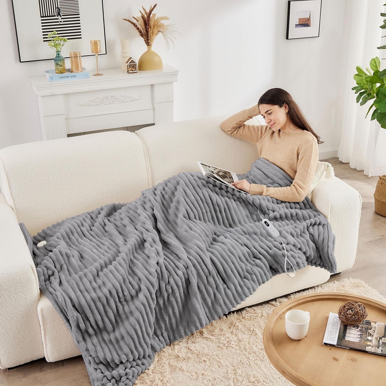 Electric Heated Blanket Throw Fleece Grey Overblanket Timer Washable