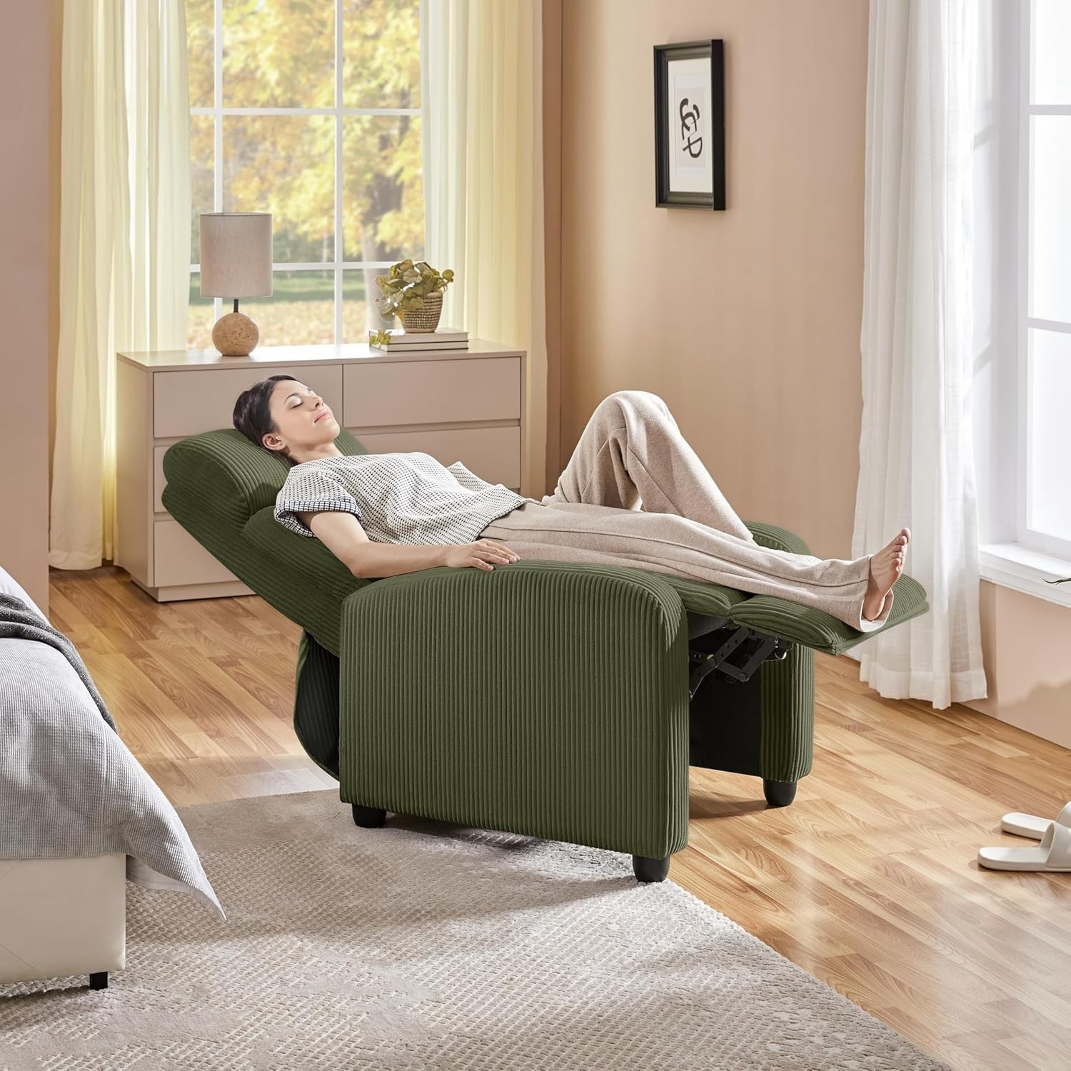 Dark Green Corduroy Recliner Chair Sofa Adjustable Lounge Armchair Home