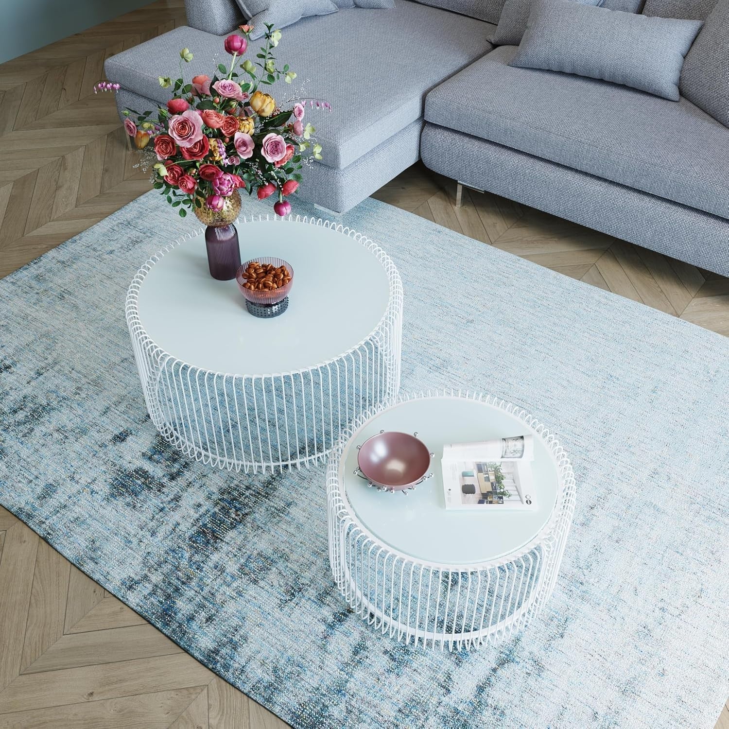 Modern White Round Side Table Set of 2 – Safety Glass Top, Steel Frame