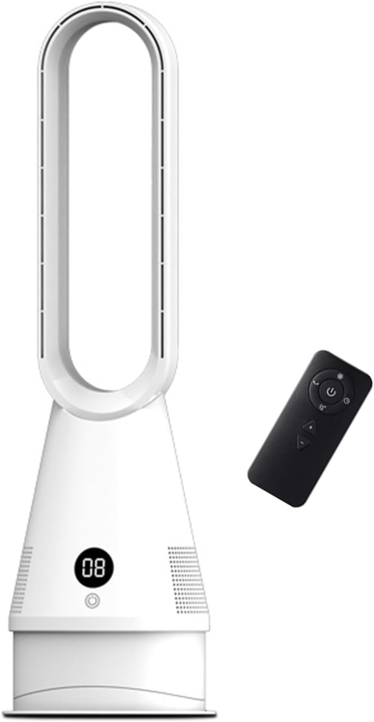 White Bladeless Tower Fan 8-Speed LED Display Quiet Cooling 9H Timer 32dB Modern