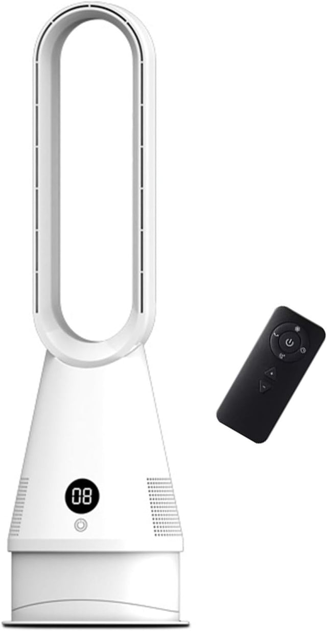 White Bladeless Tower Fan 8-Speed LED Display Quiet Cooling 9H Timer 32dB Modern