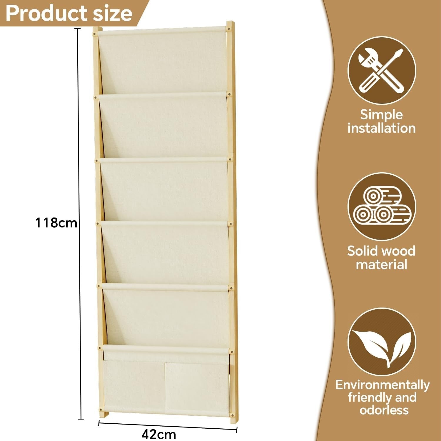 6-Tier Wall Mounted Kids Bookshelf Solid Wood Floating Book Rack Organizer