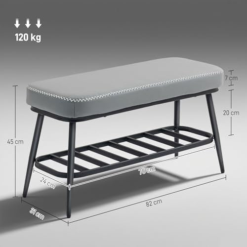 Grey PU Leather Shoe Storage Bench with Cushion Seat & Metal Frame Entryway