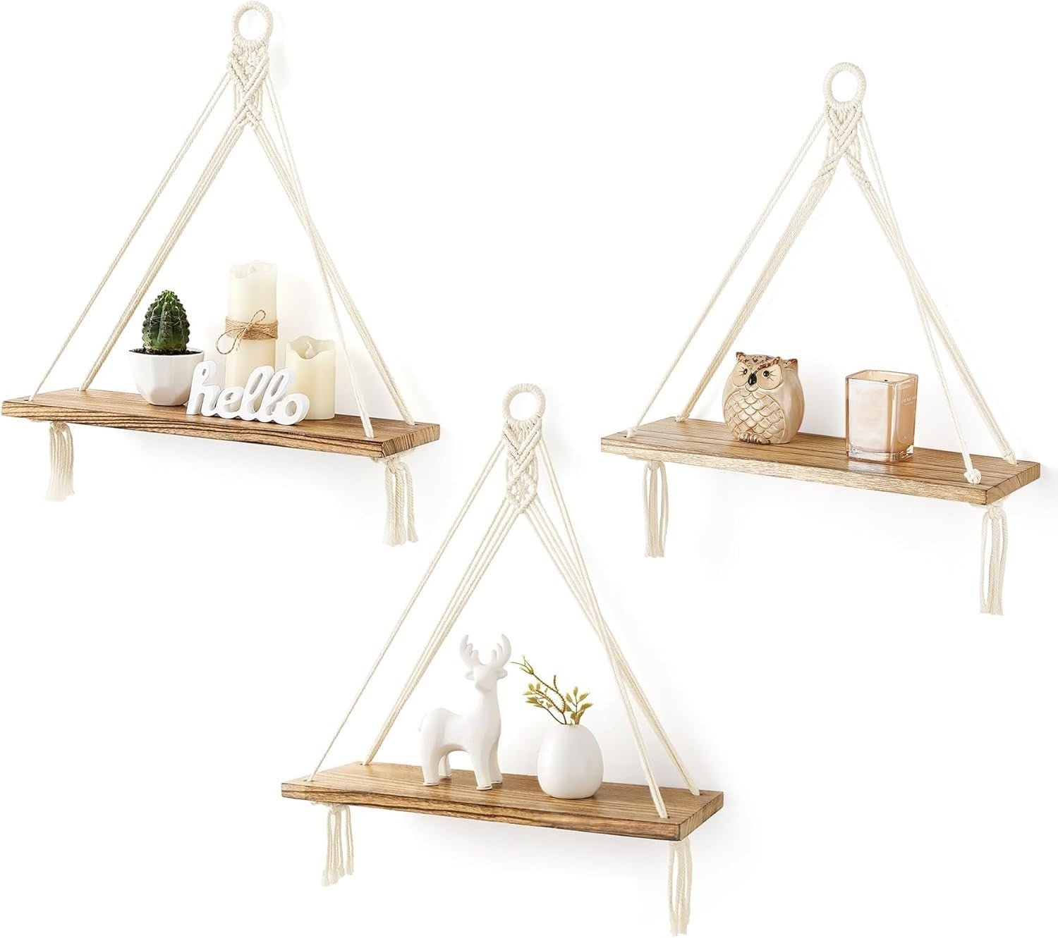 Boho Triangular Hanging Shelves Set of 3 Wood Floating Wall Decor