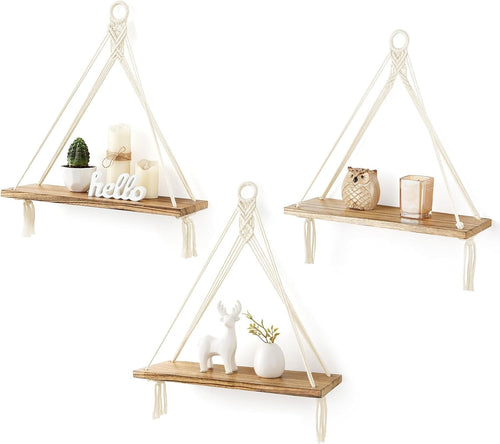 Boho Triangular Hanging Shelves Set of 3 Wood Floating Wall Decor