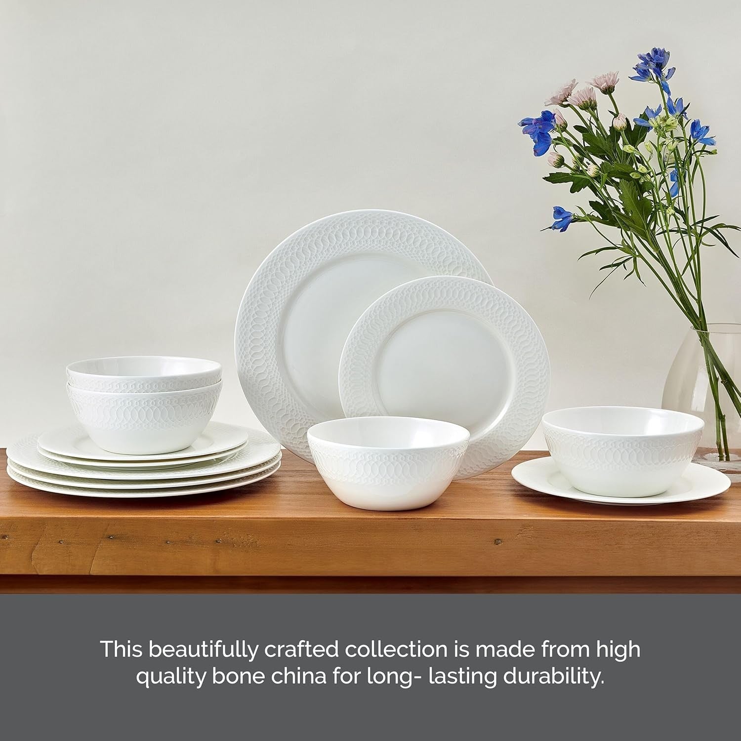 12 Piece Bone China Dinner Set Lightweight Chip Resistant Plates Bowls