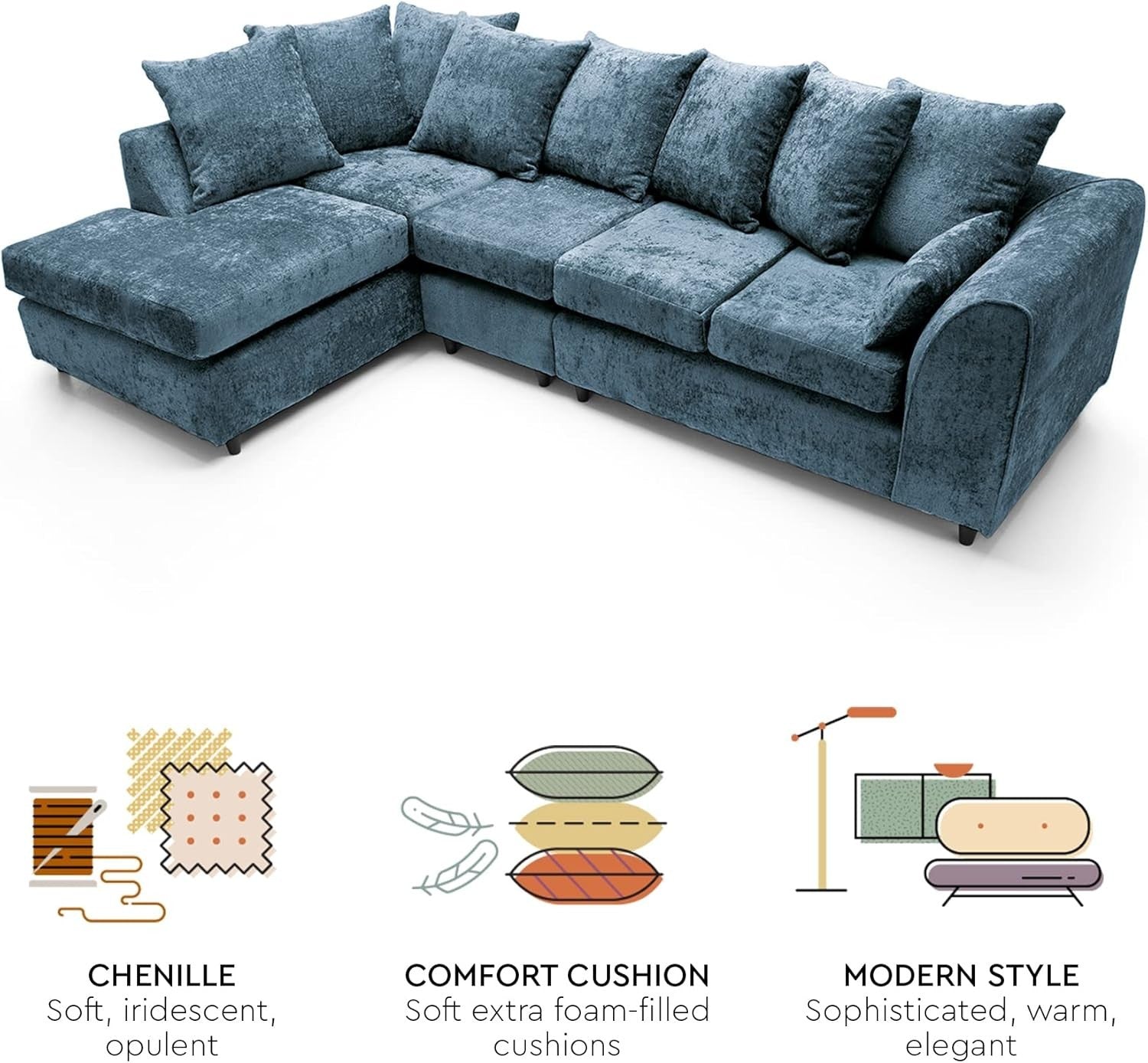 Large Dark Blue Chenille Corner Sofa – Modern L Shape 5 Seater Couch w/ Covers