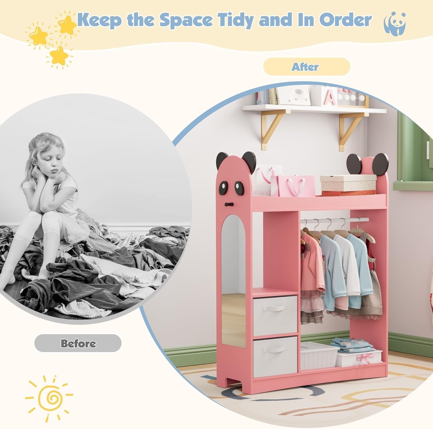 Kids Dress Up Wardrobe with Mirror, Hanging Rail & 2 Drawers Pink Storage