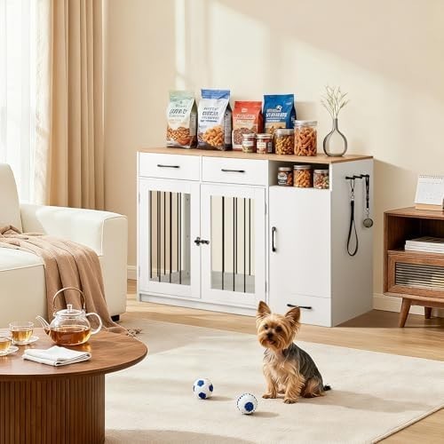 TUKAILAi Dog Crate Furniture White/Wood – Small Pet Kennel with Bowls