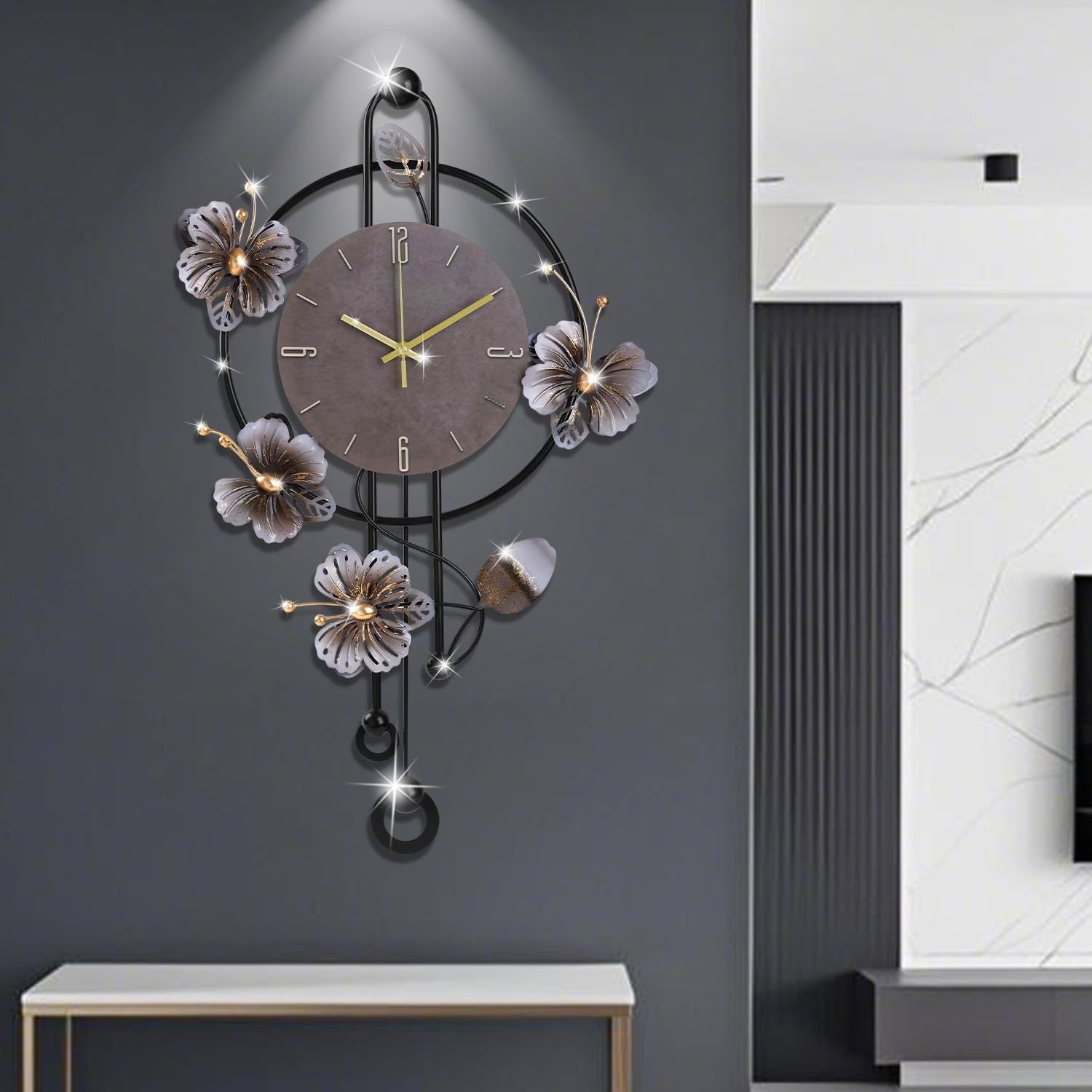 Large Wall Clock 75cm Modern Metal Floral Design Silent Quartz Pendulum Decor