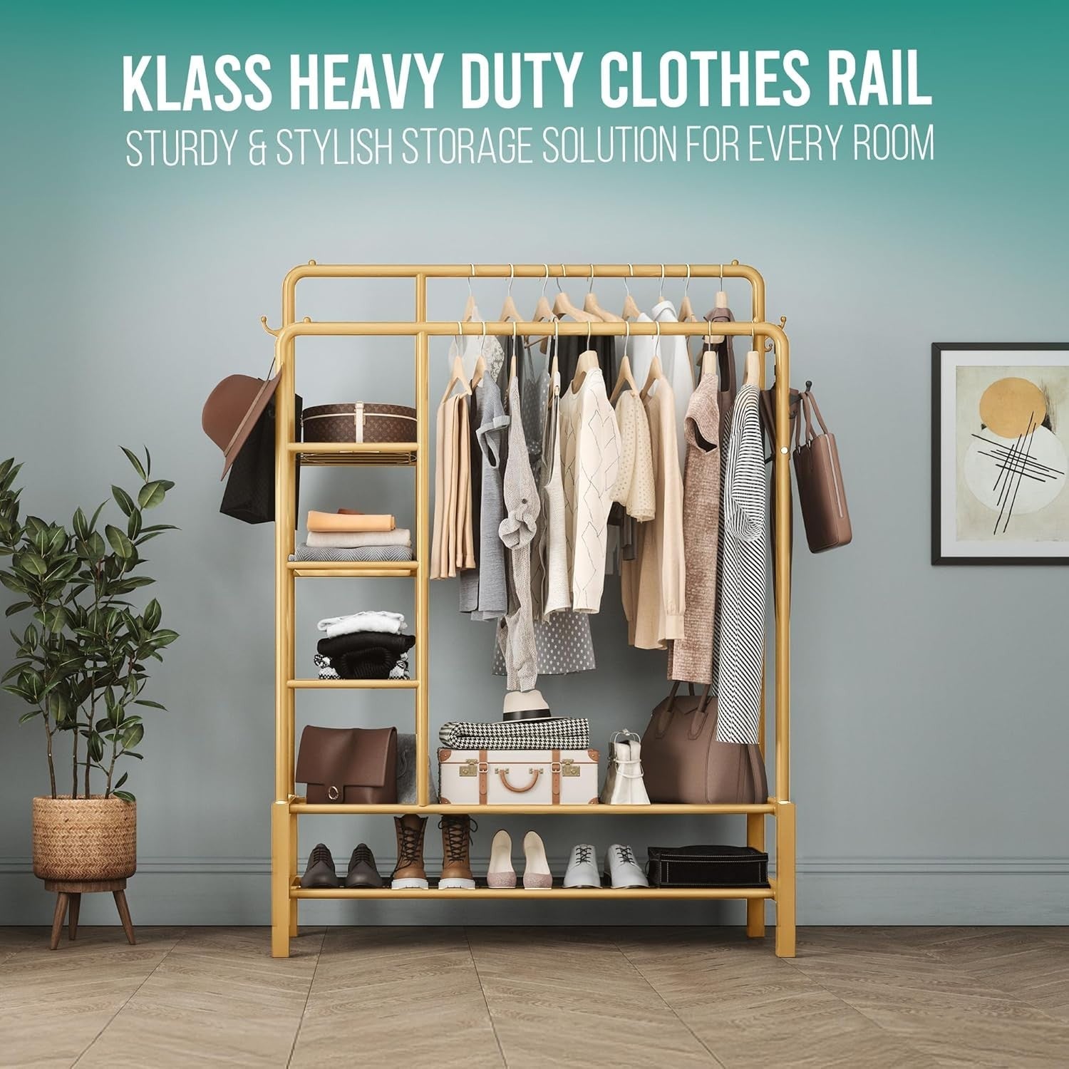Heavy Duty Gold Clothes Rail 120KG Double Hanging Rack With Shelves