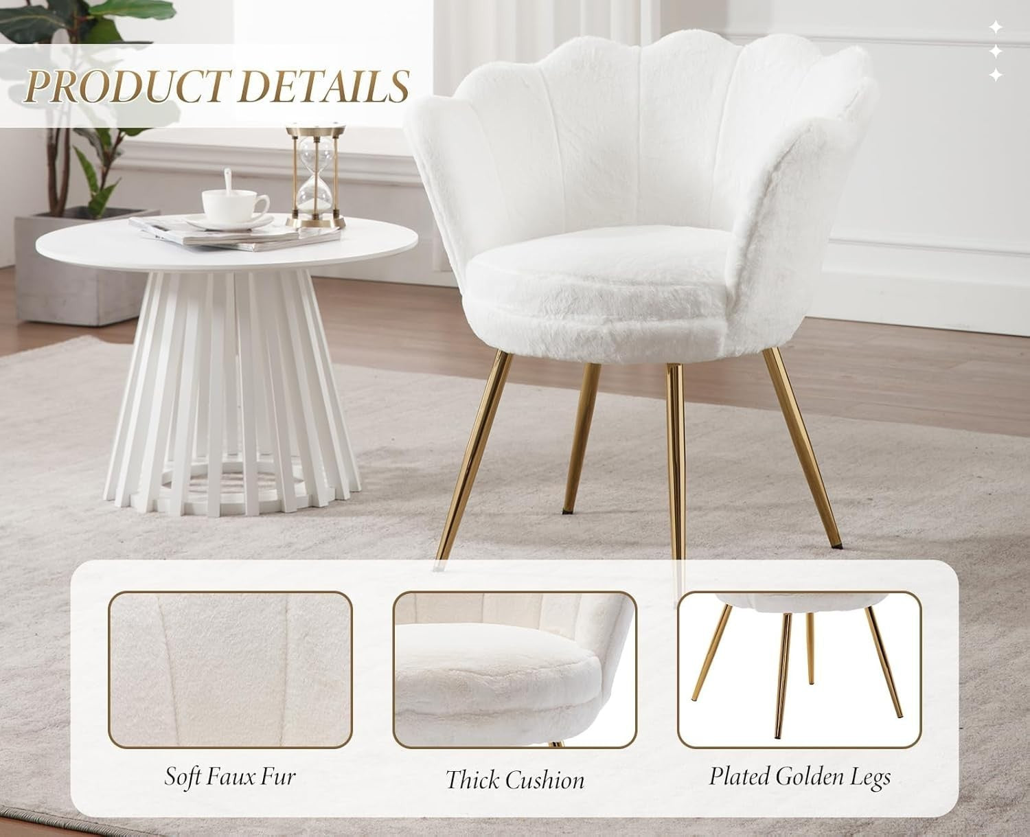 White Velvet Lounge Chair Gold Legs | Petal Back Armchair for Bedroom