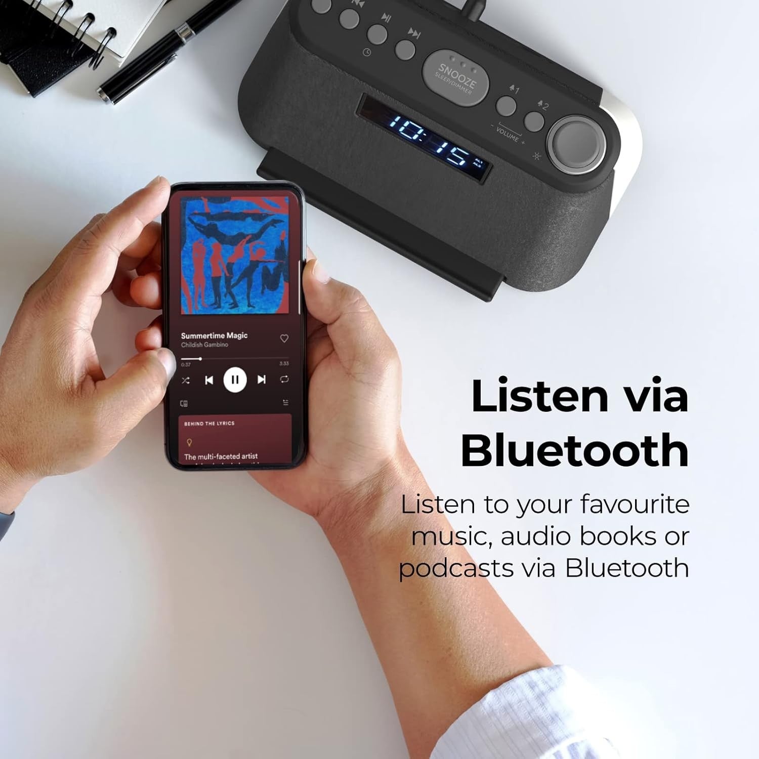 Wireless Charging Alarm Clock Bluetooth Speaker FM Radio Qi USB Night Light