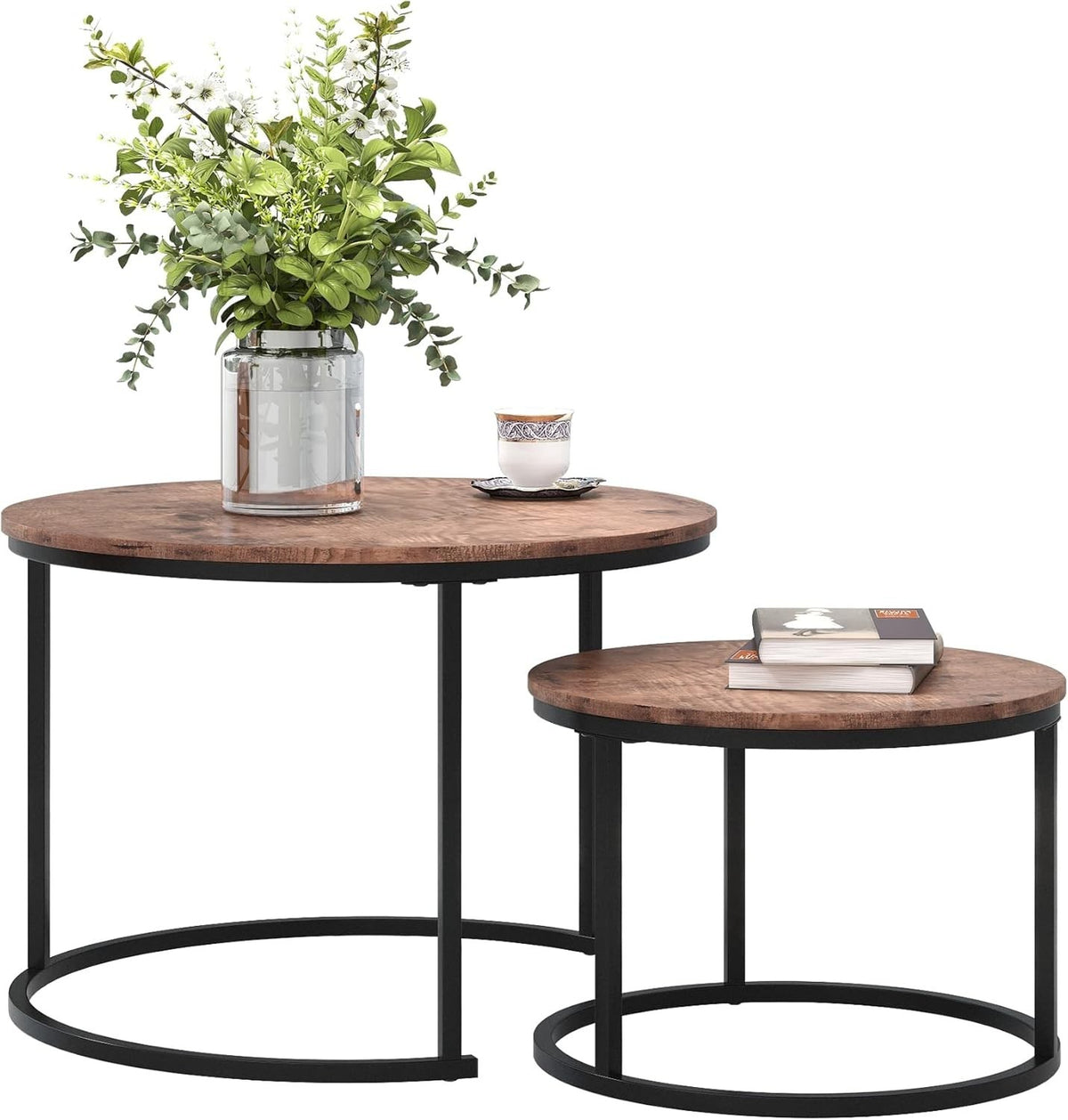 Space Saving Nesting Coffee Tables Set Round MDF Top Metal Frame Modern Black/Br