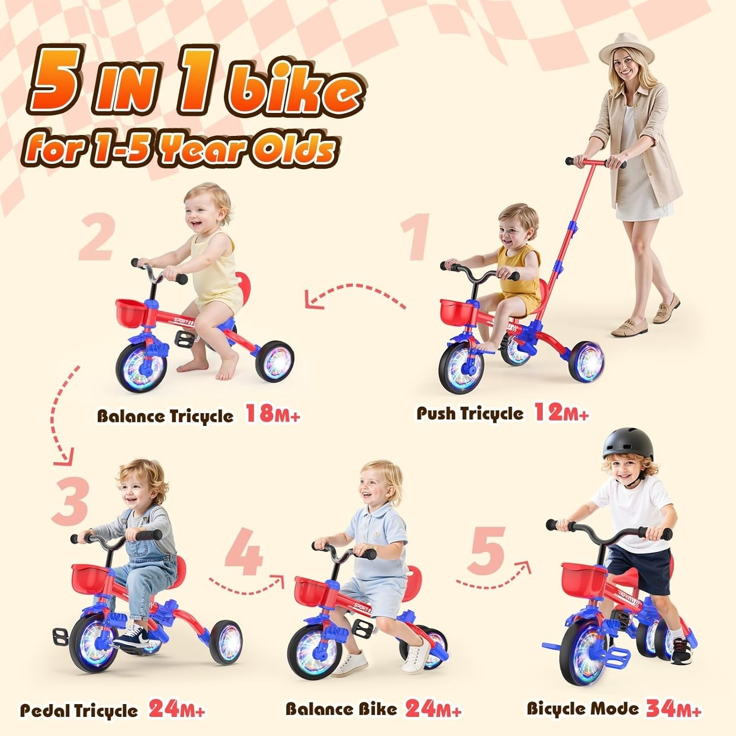 5 in 1 Toddler Tricycle Balance Bike Push Handle Adjustable Seat
